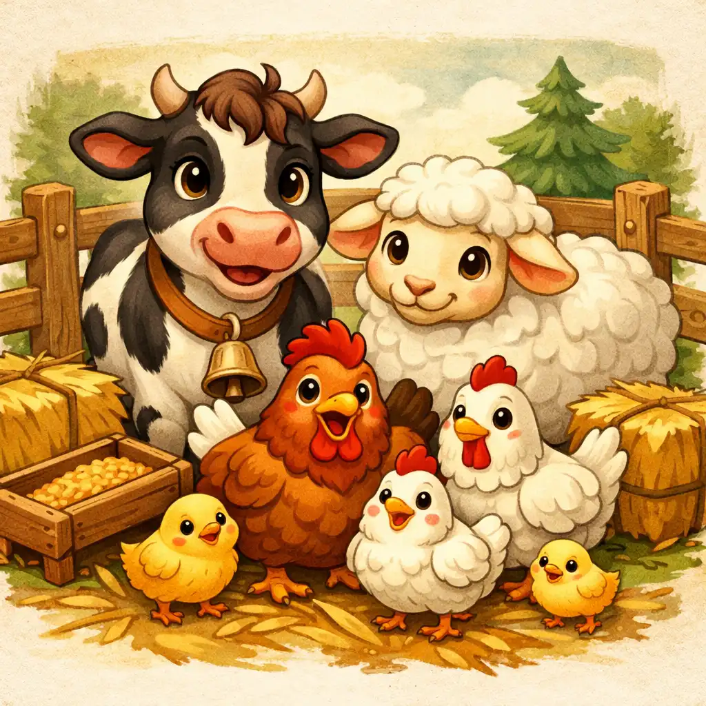 Csirkék, tehén és juh a Klondike Adventures farmján