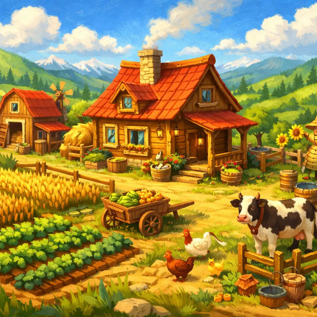 A Klondike Adventures farmja termőföldekkel, farmházzal és állatokkal