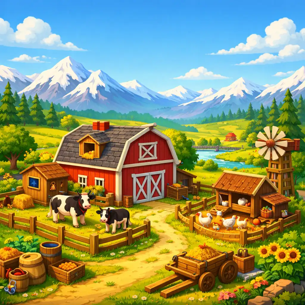 Hangulatos farm részlet a Klondike Adventures játékból: zöldellő mezők, piros pajta, állatok és havas hegyek a távolban