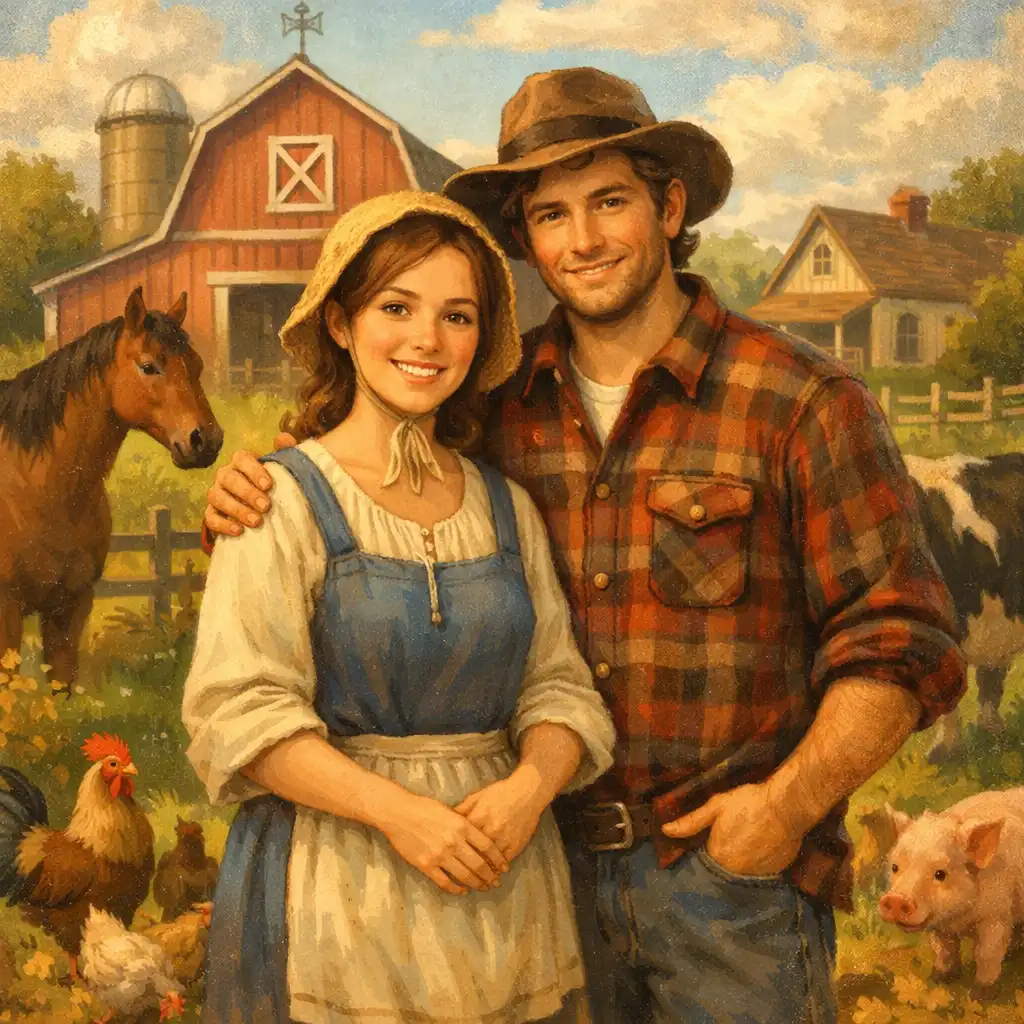 Kate és Paul a farmjuk előtt állnak, körülöttük pajta és állatok, meleg, barátságos hangulatban.