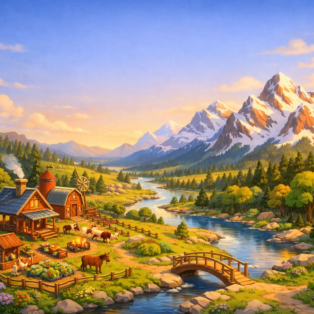 Panorámakép a Klondike Adventures világából: farm havas hegyekkel, fából készült épületekkel és kanyargó folyóval