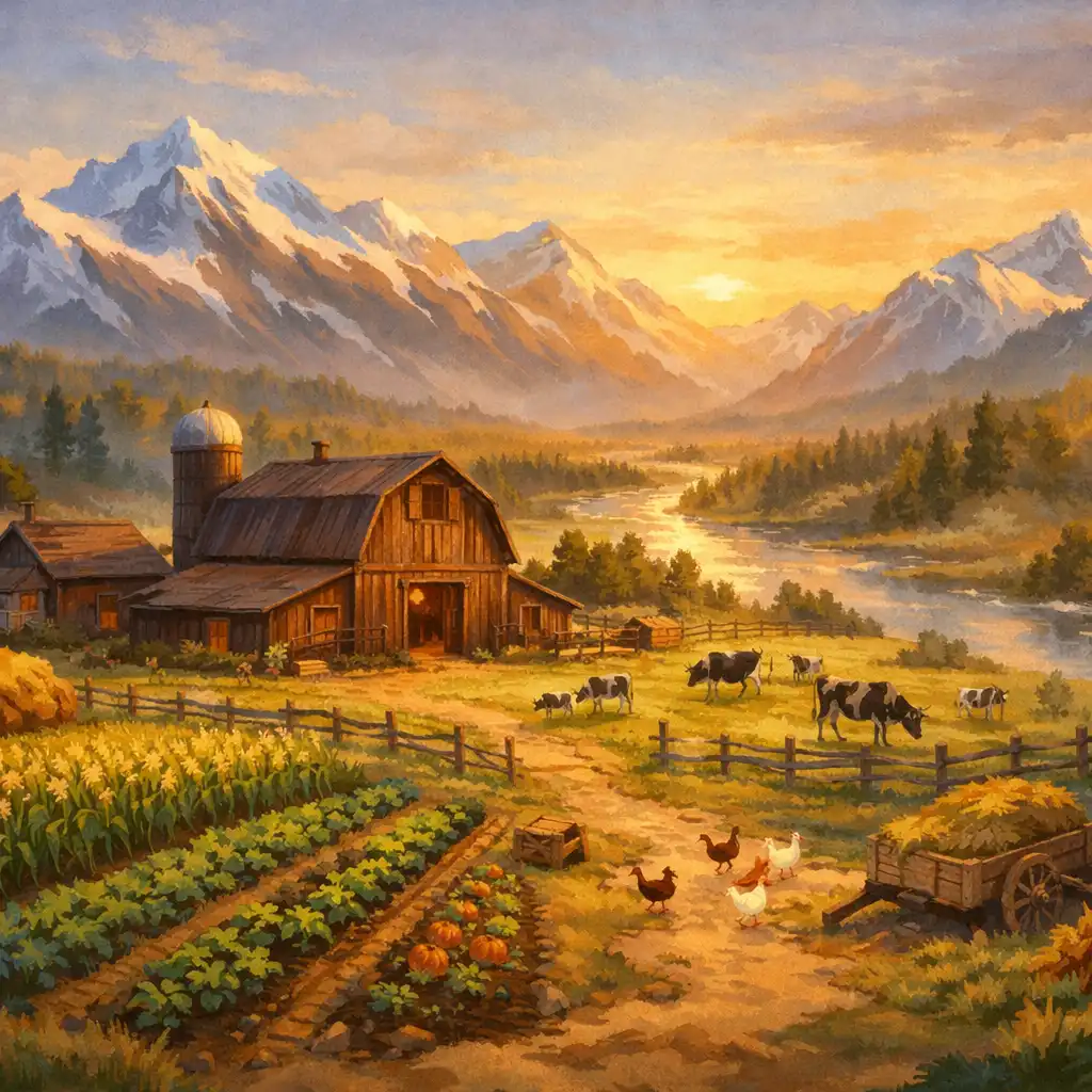 Festői farm a vad északon, faházzal, termőföldekkel, tehenekkel és havas hegyekkel a háttérben.
