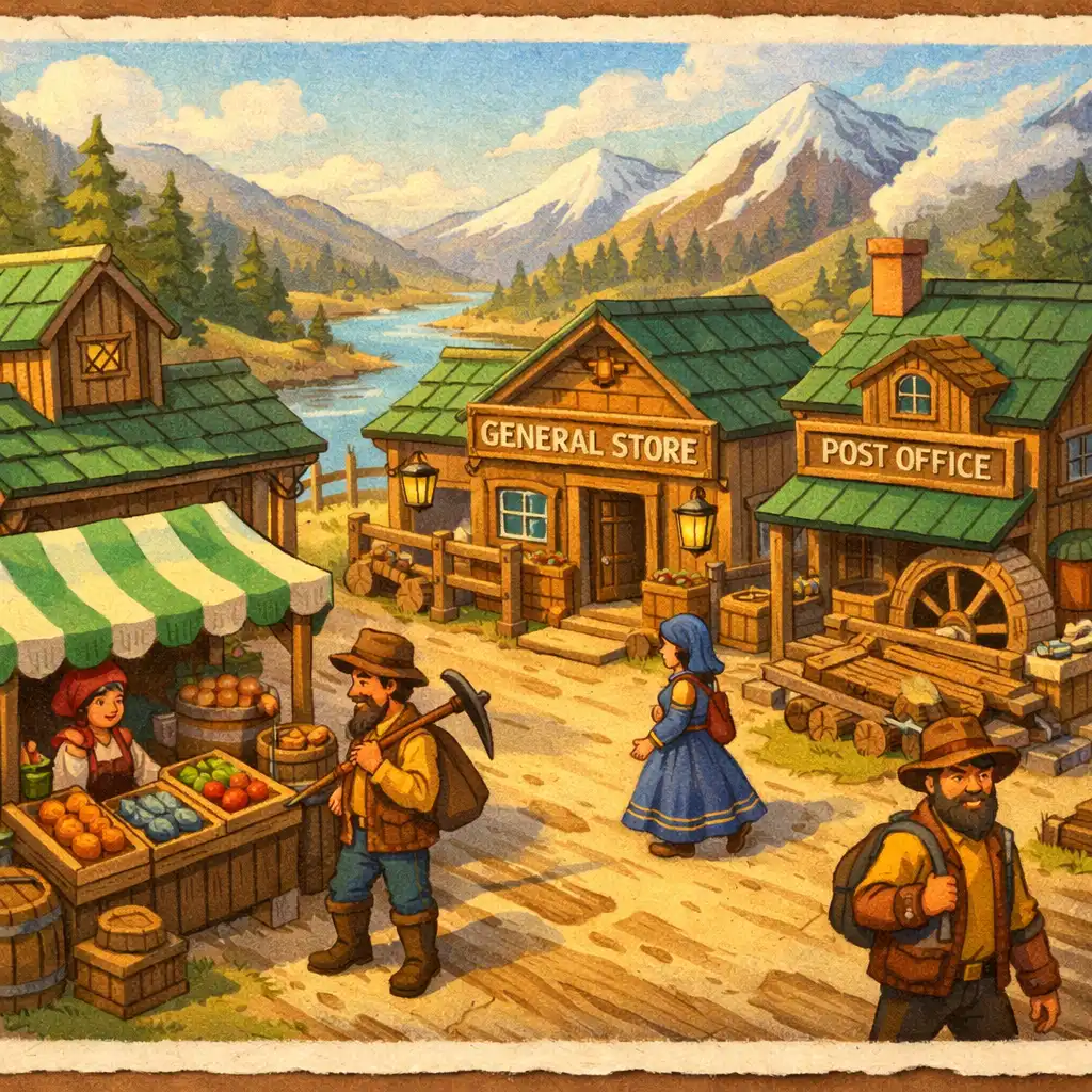 A Klondike Adventures fejlődő városa főutcával, piaccal és hegyekkel